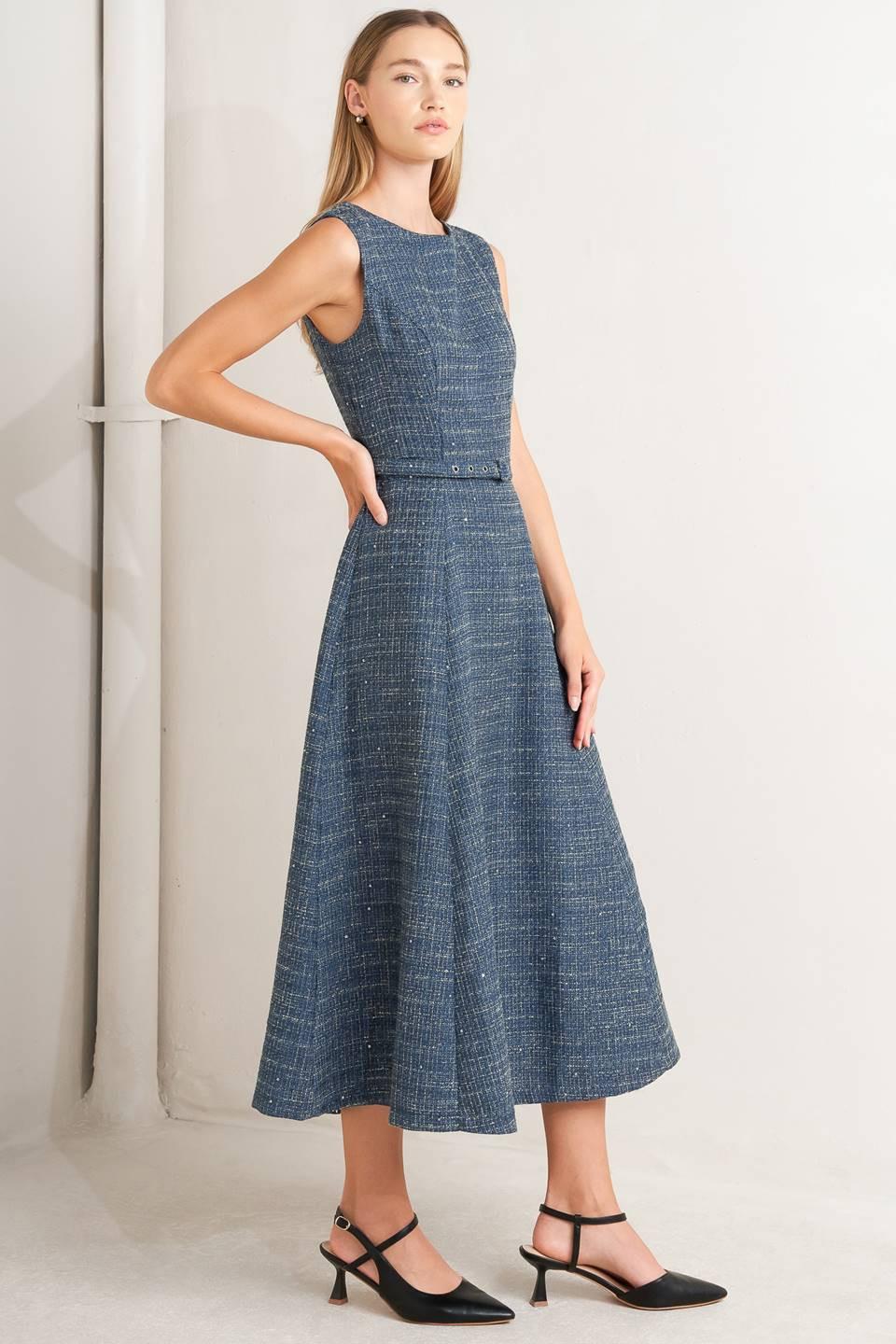 Vintage Vibe Bouclé Woven Tweed Midi Dress