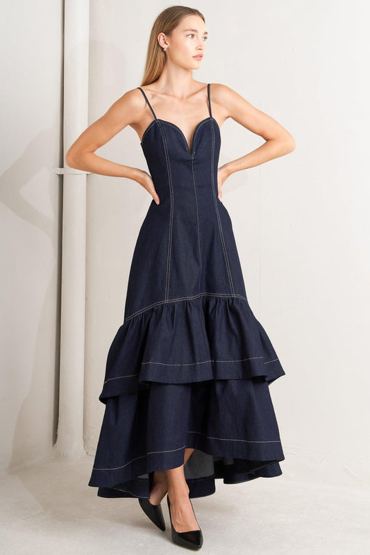 Raw Elegance Denim Midi Dress