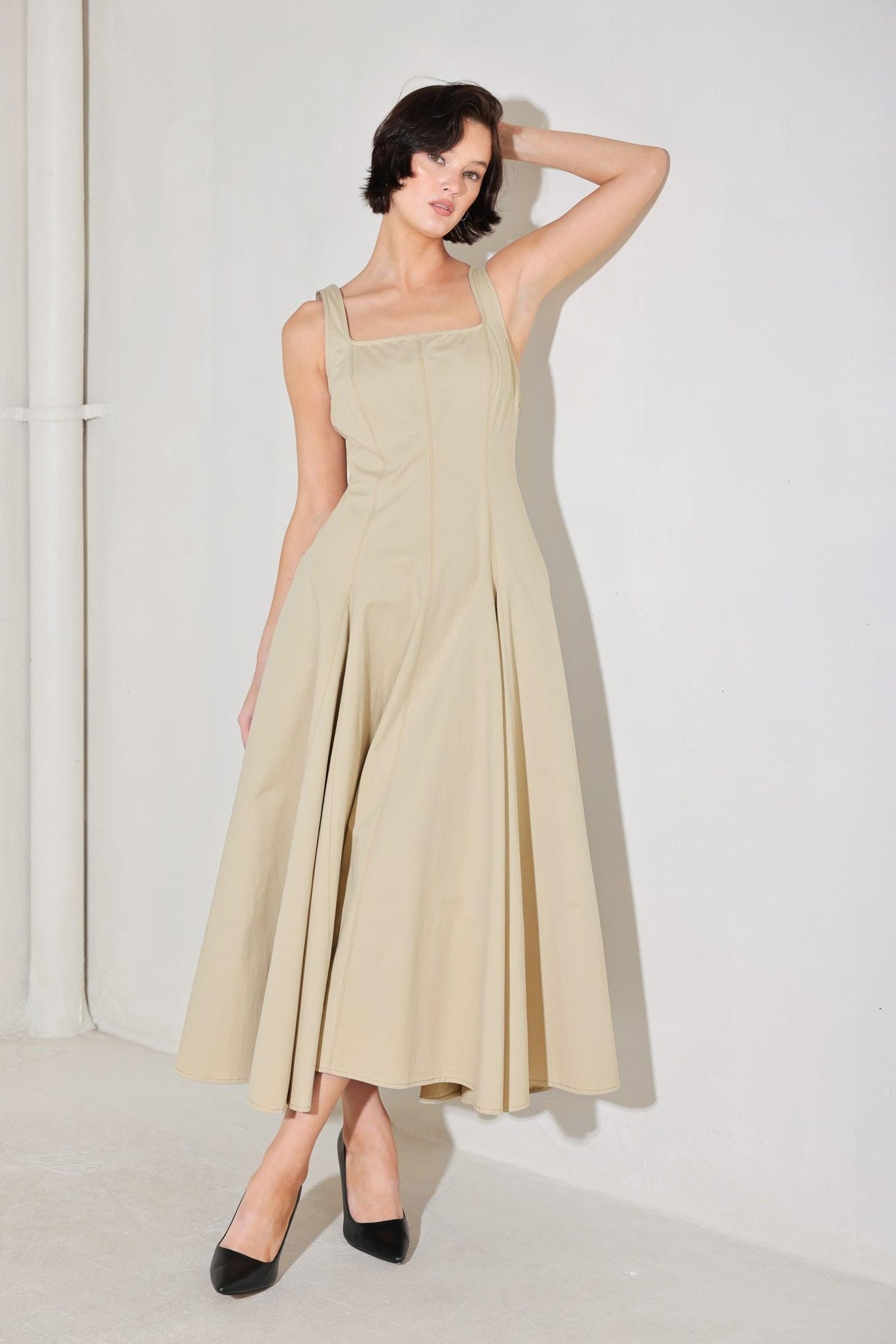 SANDSTONE SERENADE WOVEN MIDI DRESS l FREEMARKET BEIGE / M