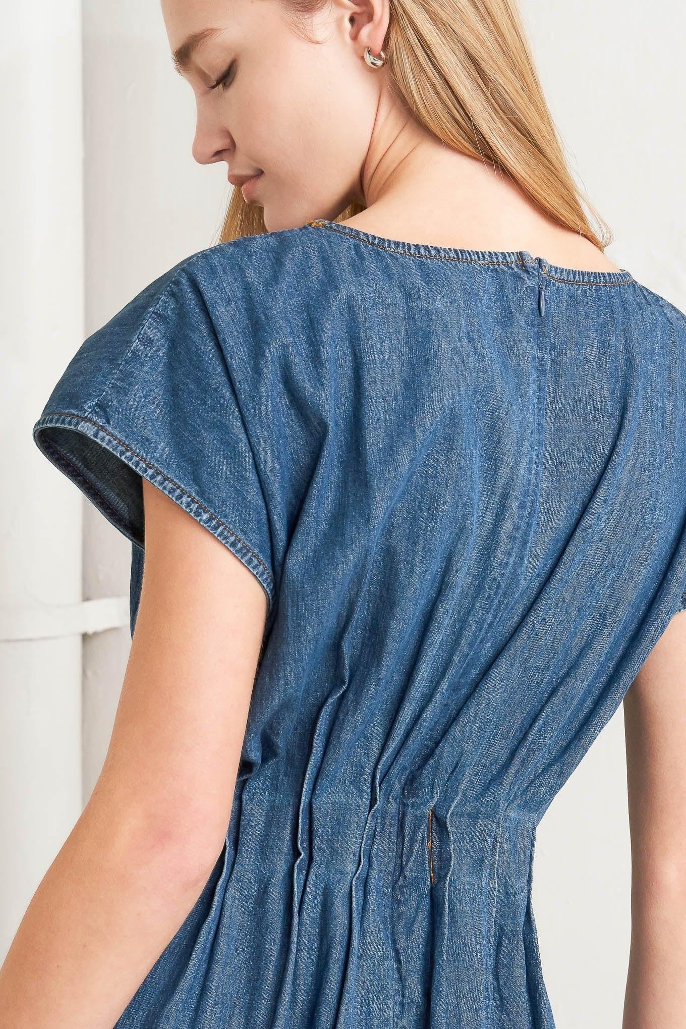 short sleeve denim midi dress Modern Work Denim Midi Dress INDIGO / S