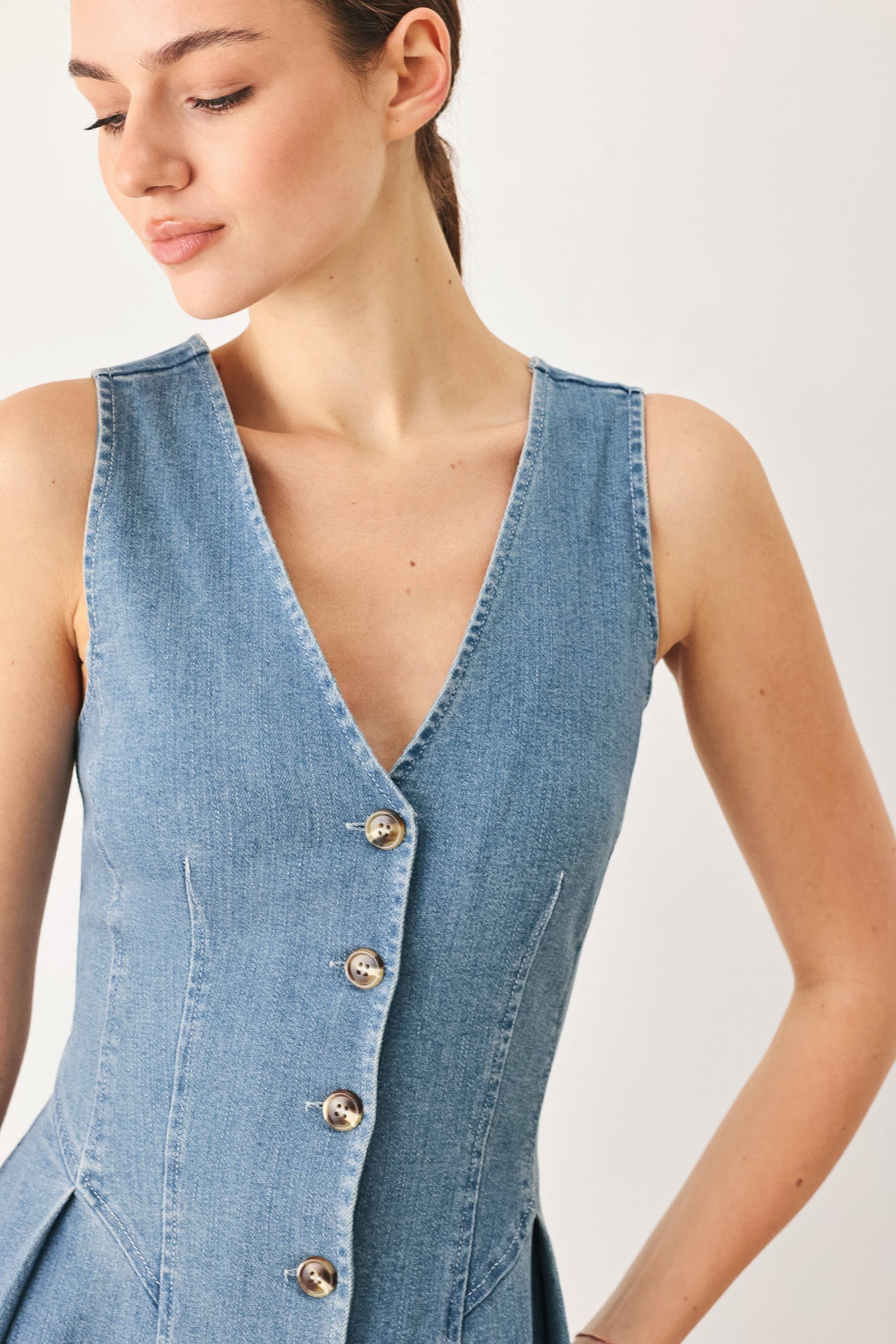 Sweetheart V-neck Denim Midi Dress