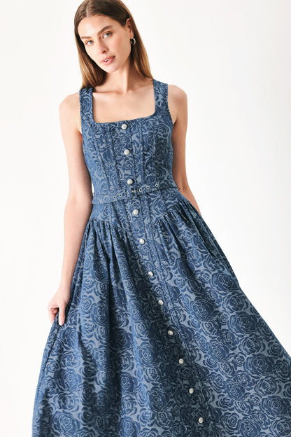 Midnight Garden Denim Midi Dress