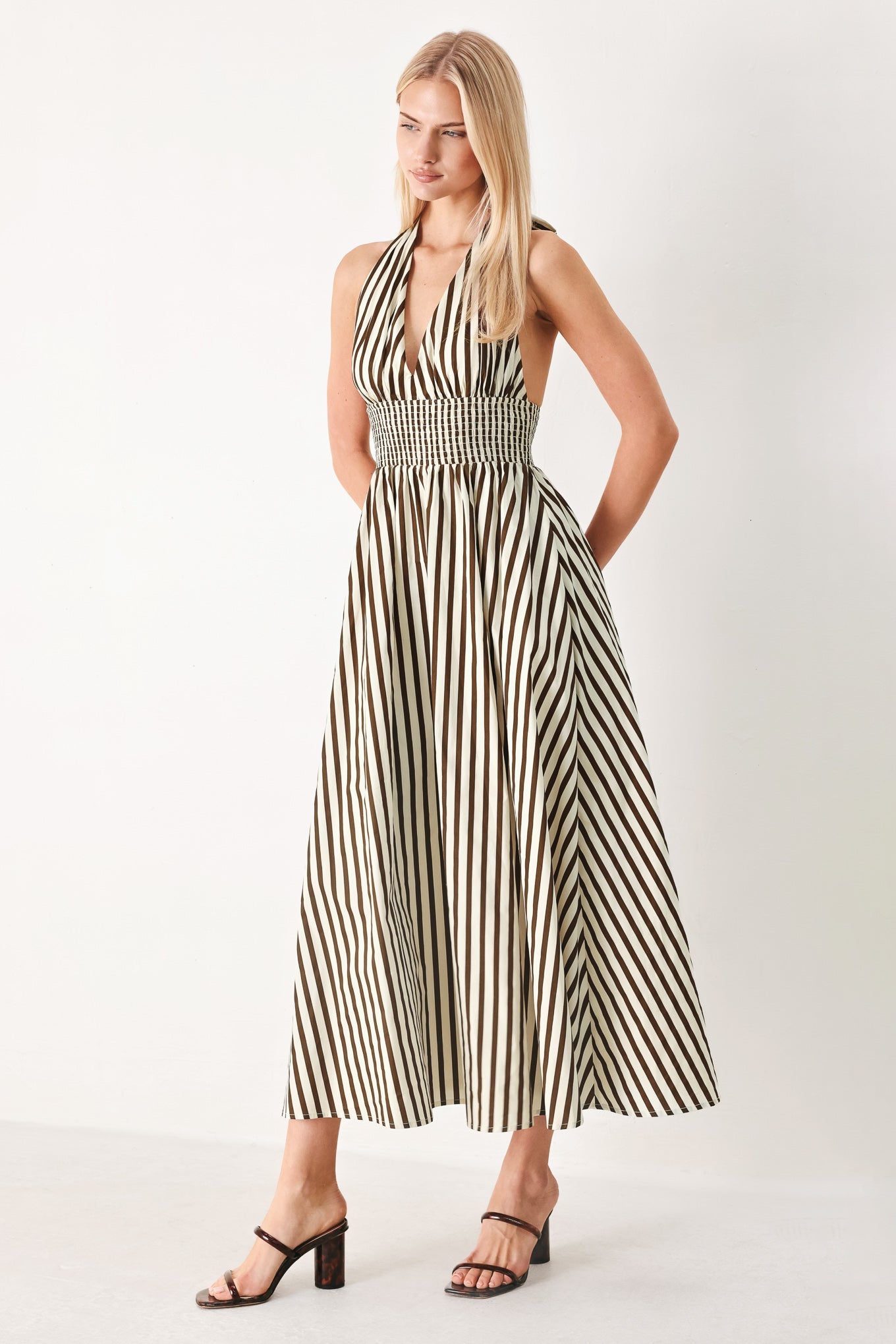 Vacation Line Strip Woven Midi Dress