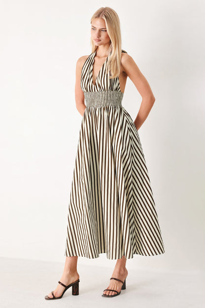 Vacation Line Strip Woven Midi Dress