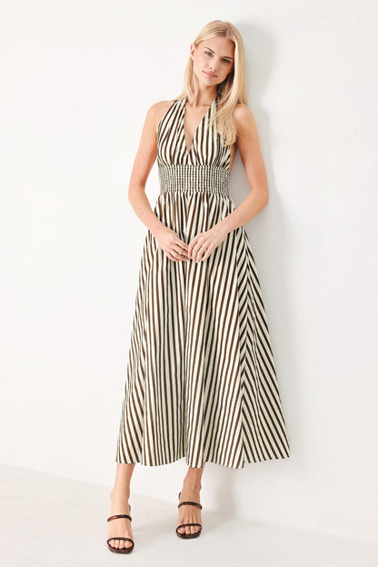 Vacation Line Strip Woven Midi Dress