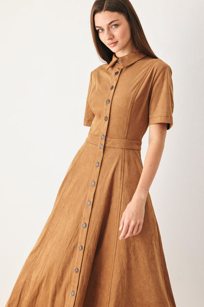 Darling Came Faux Suede Midi Shirt Dress