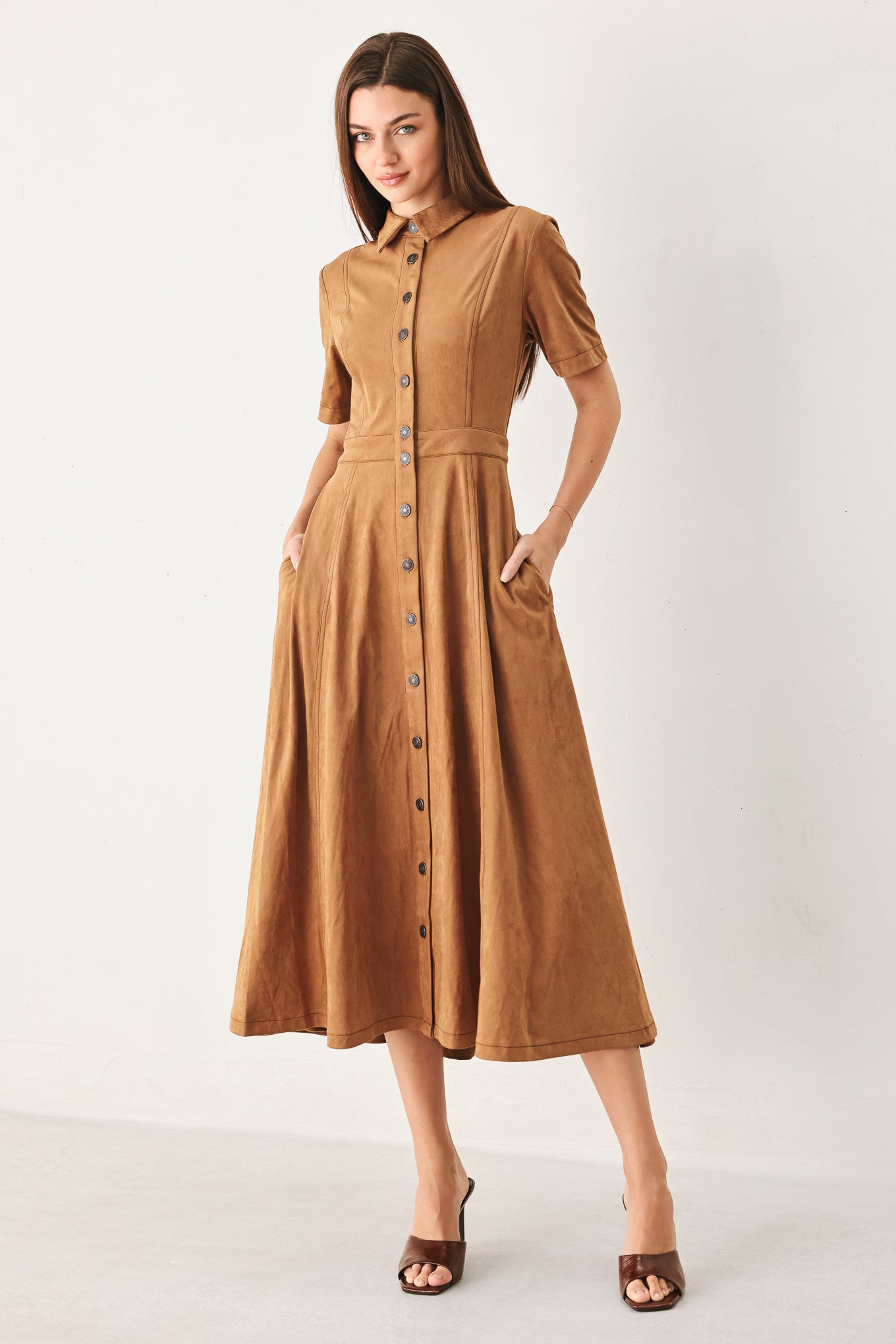 Darling Came Faux Suede Midi Shirt Dress