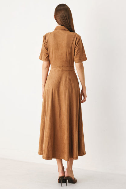 Darling Came Faux Suede Midi Shirt Dress