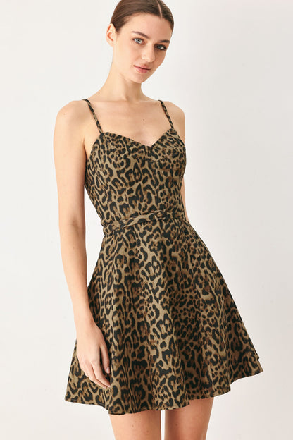Leopard Sweetheart Woven Mini Dress