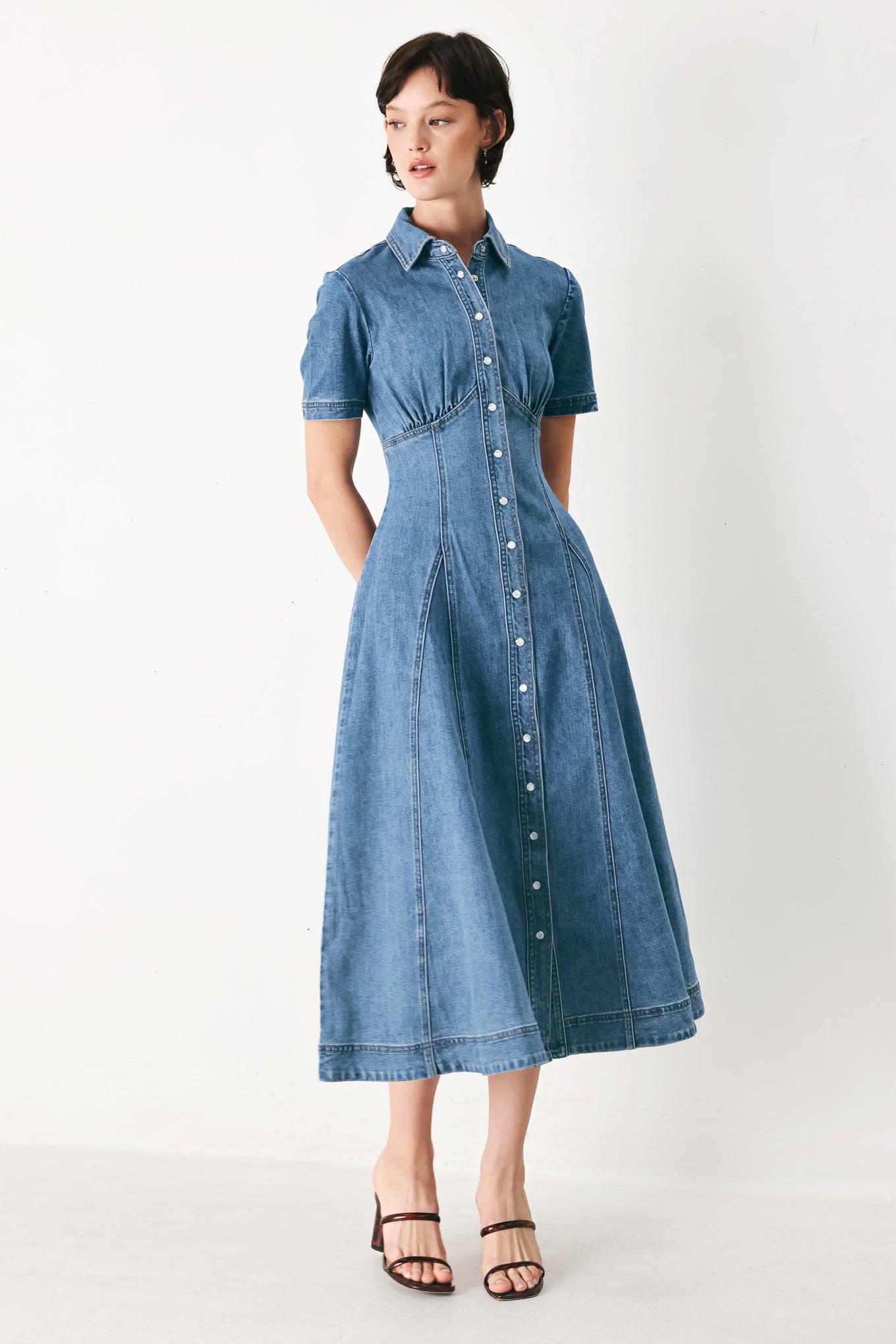 Vintage Sky Denim Midi Shirt Dress