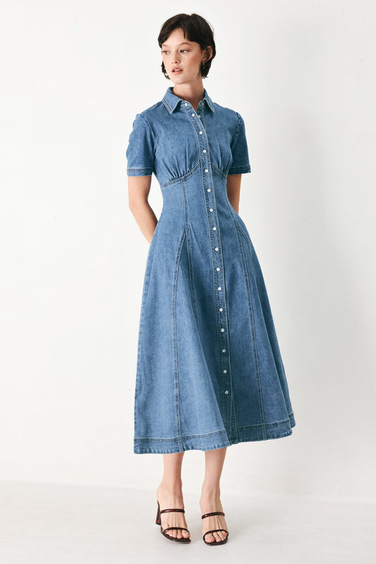 Vintage Sky Denim Midi Shirt Dress