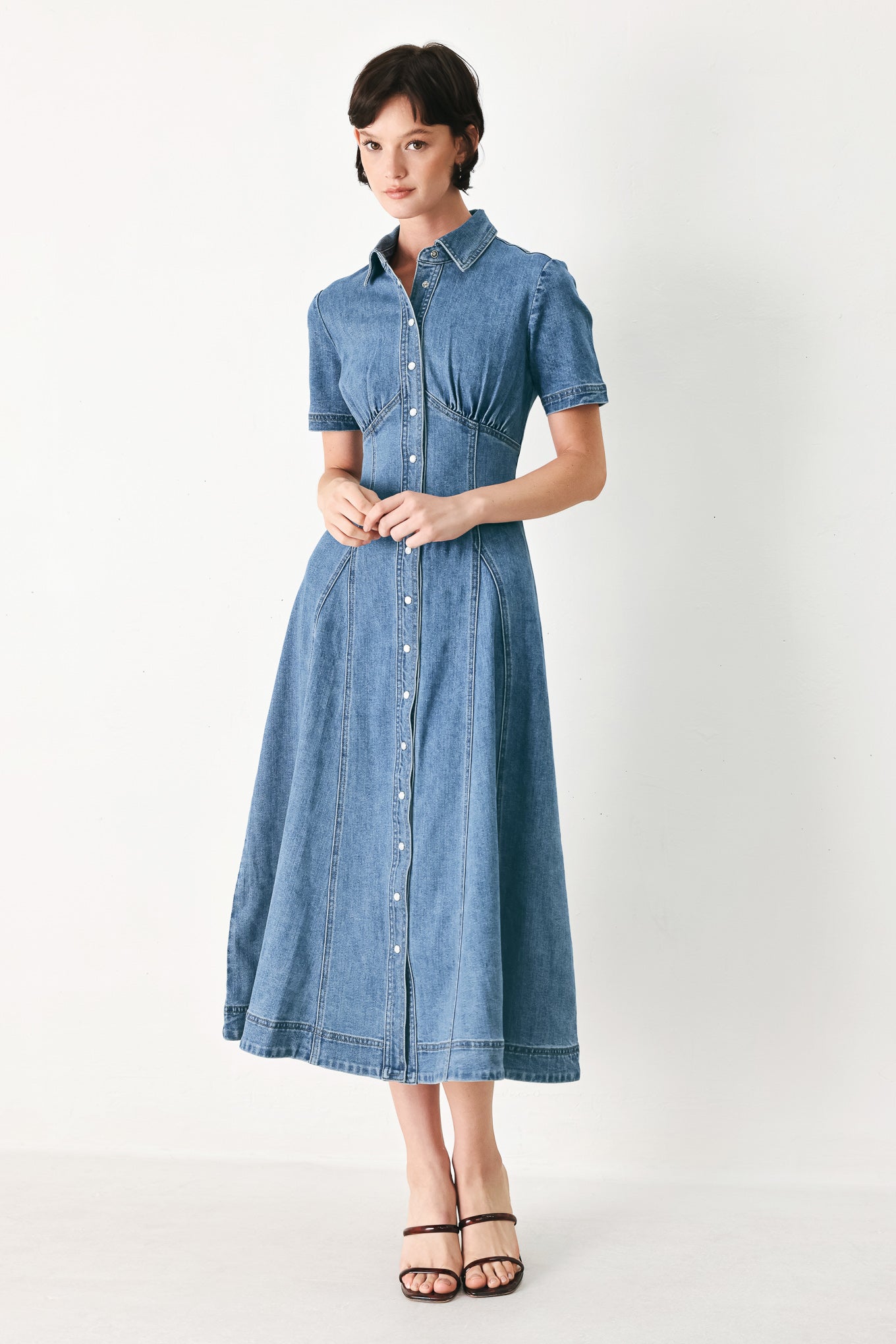 Vintage Sky Denim Midi Shirt Dress