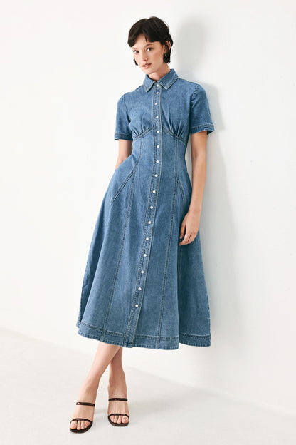 Vintage Sky Denim Midi Shirt Dress