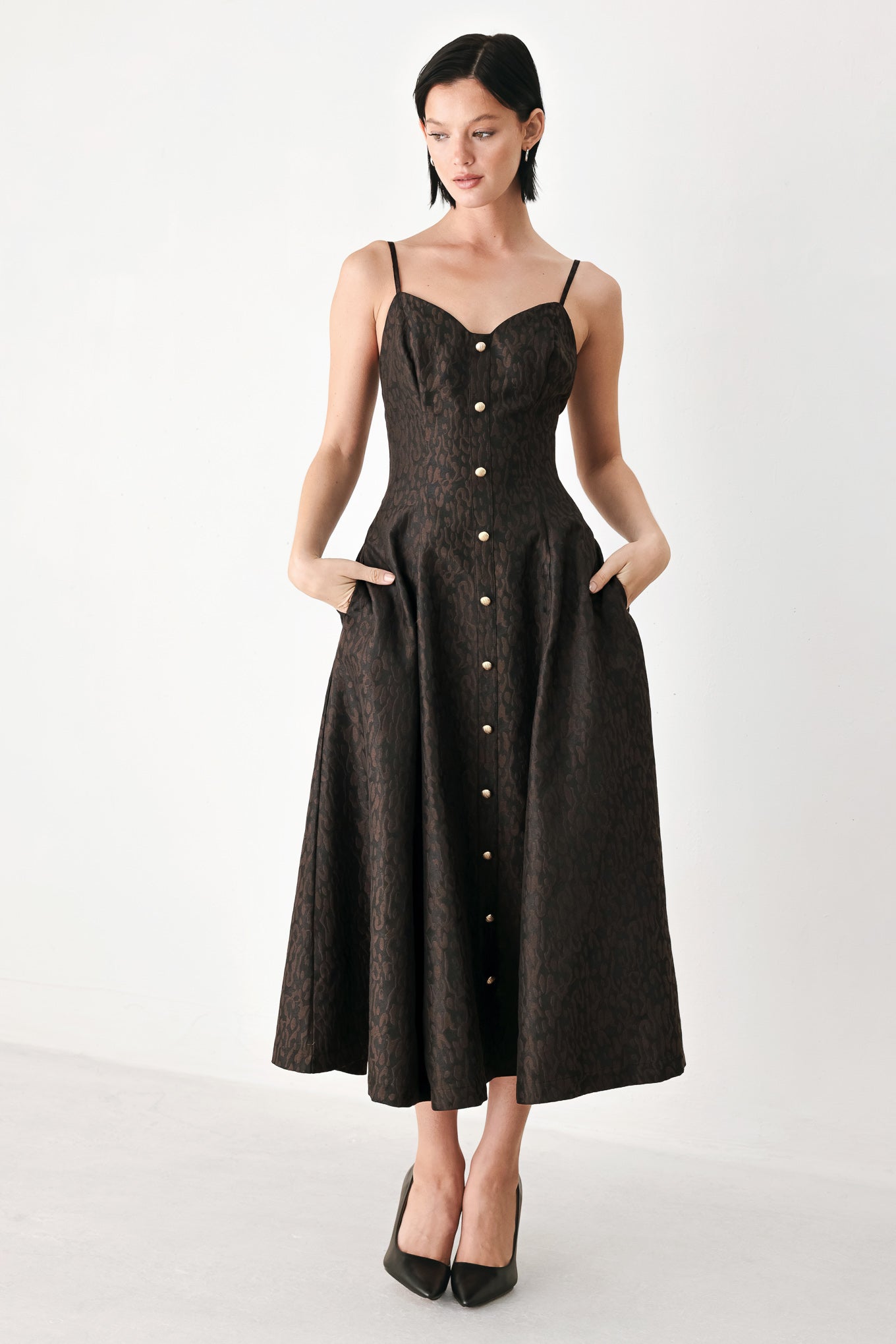 Buttoned in Chocolate Sweetheart Midi Dress