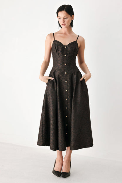 Buttoned in Chocolate Sweetheart Midi Dress