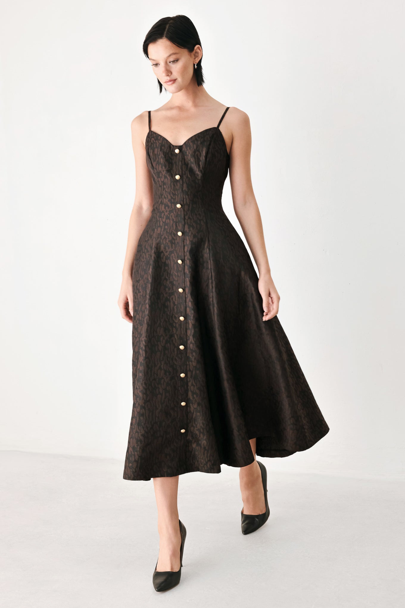 Buttoned in Chocolate Sweetheart Midi Dress