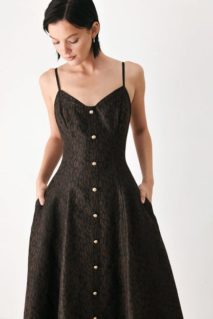 Buttoned in Chocolate Sweetheart Midi Dress