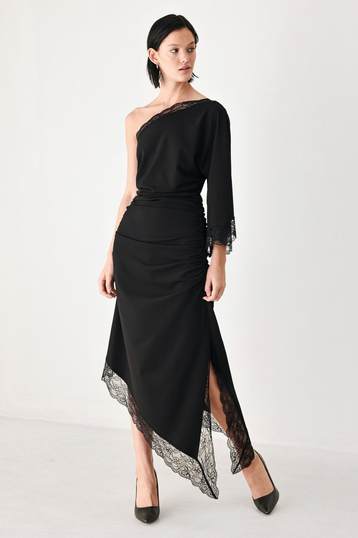 After Hours Lace Trim Asymmetric Midi Dress