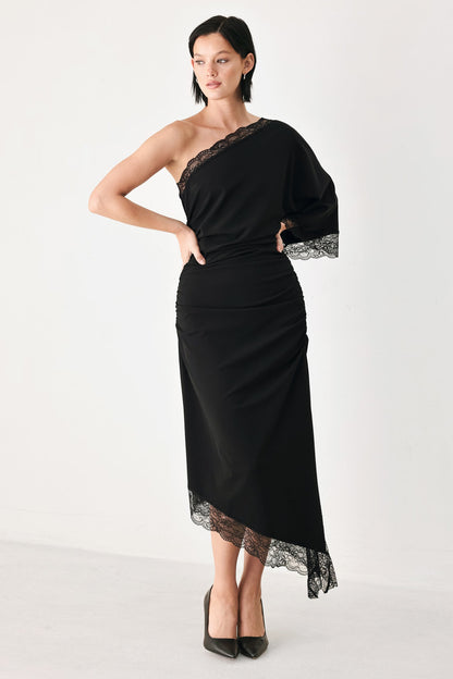 After Hours Lace Trim Asymmetric Midi Dress