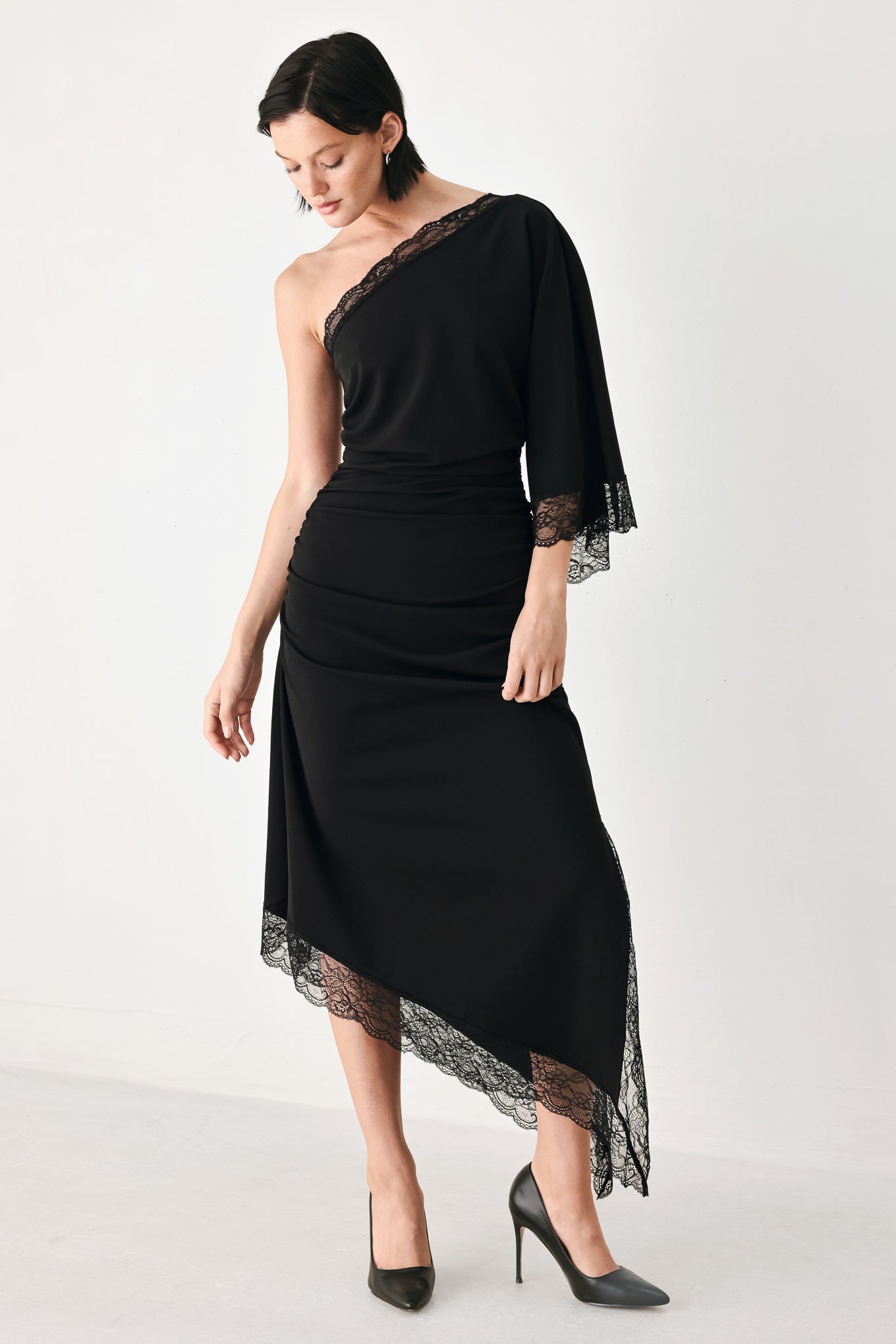 After Hours Lace Trim Asymmetric Midi Dress