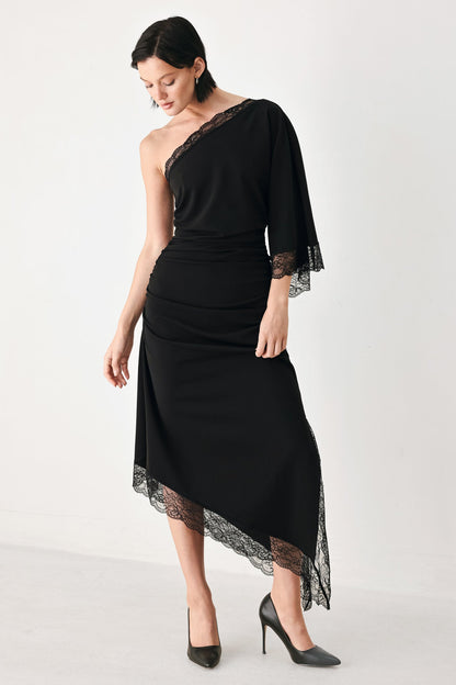 After Hours Lace Trim Asymmetric Midi Dress