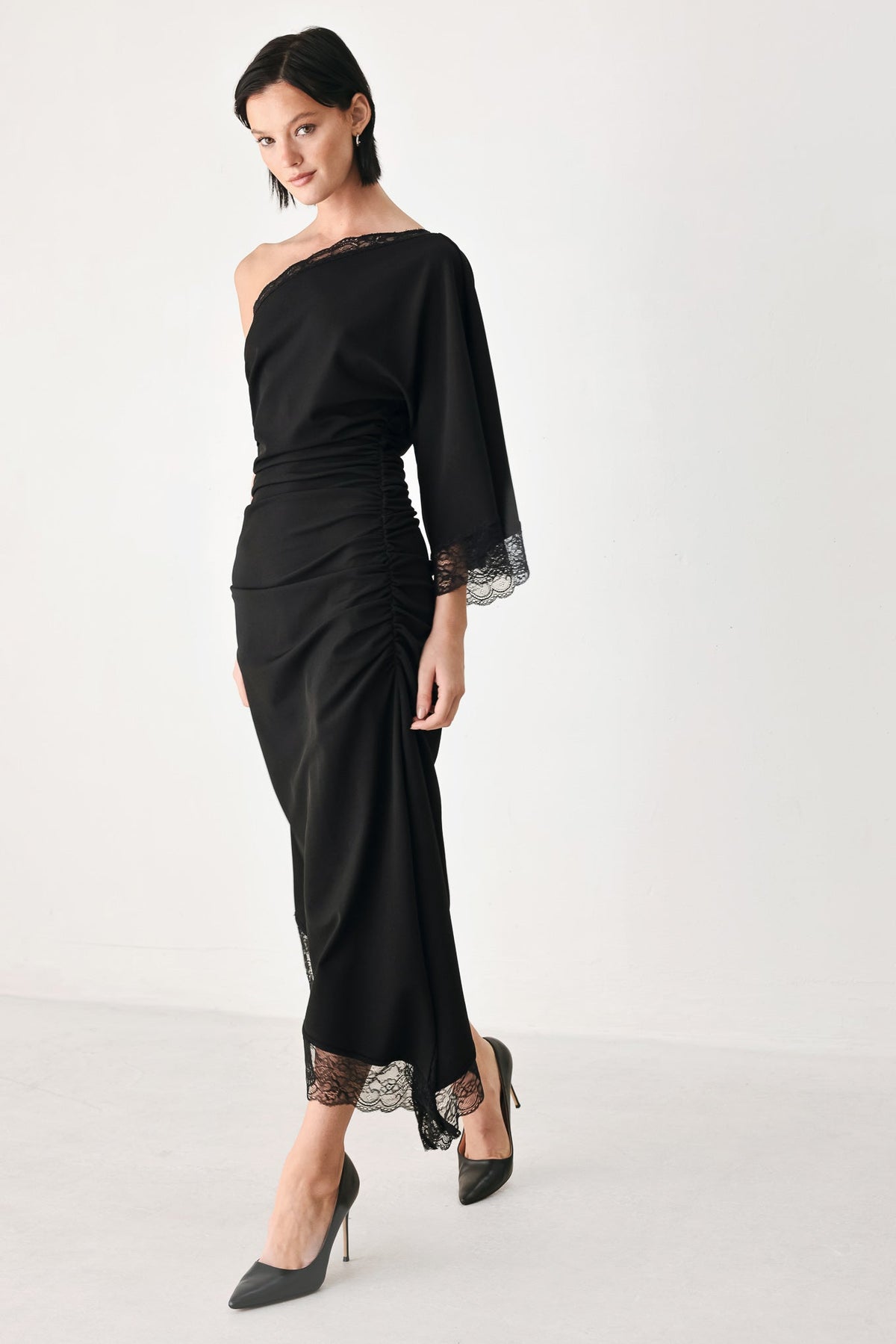 After Hours Lace Trim Asymmetric Midi Dress