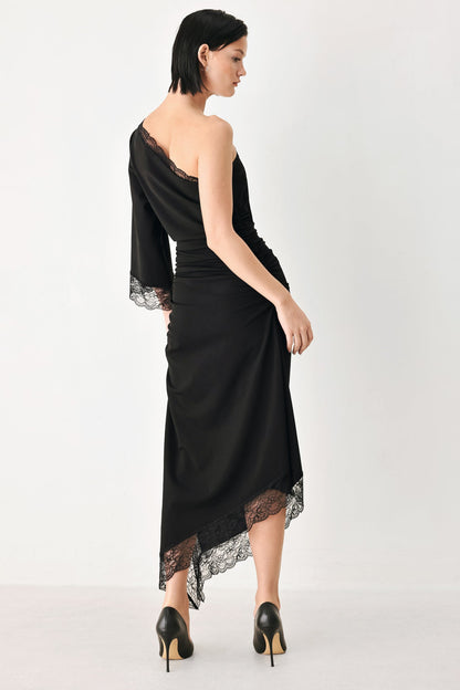 After Hours Lace Trim Asymmetric Midi Dress