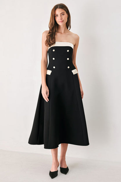Parisian Poise Black/cream Strapless Button Midi Dress