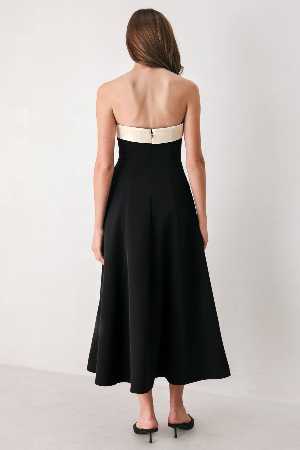 Parisian Poise Black/cream Strapless Button Midi Dress