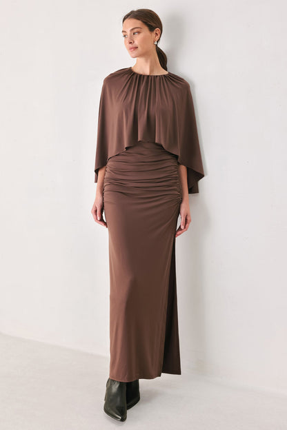 Dusty Rose Drape Mauve Caplet Shirred Midi Dress