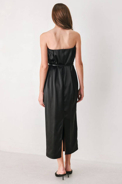 Noir Drape Black Ruched Tulip-skirt Midi Dress