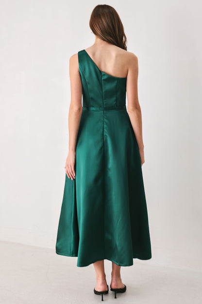 Emerald Elegance Green One-shoulder Belted Midi Dress