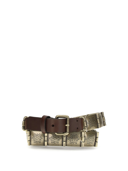 Belt Engraved Metal & Brown Leather