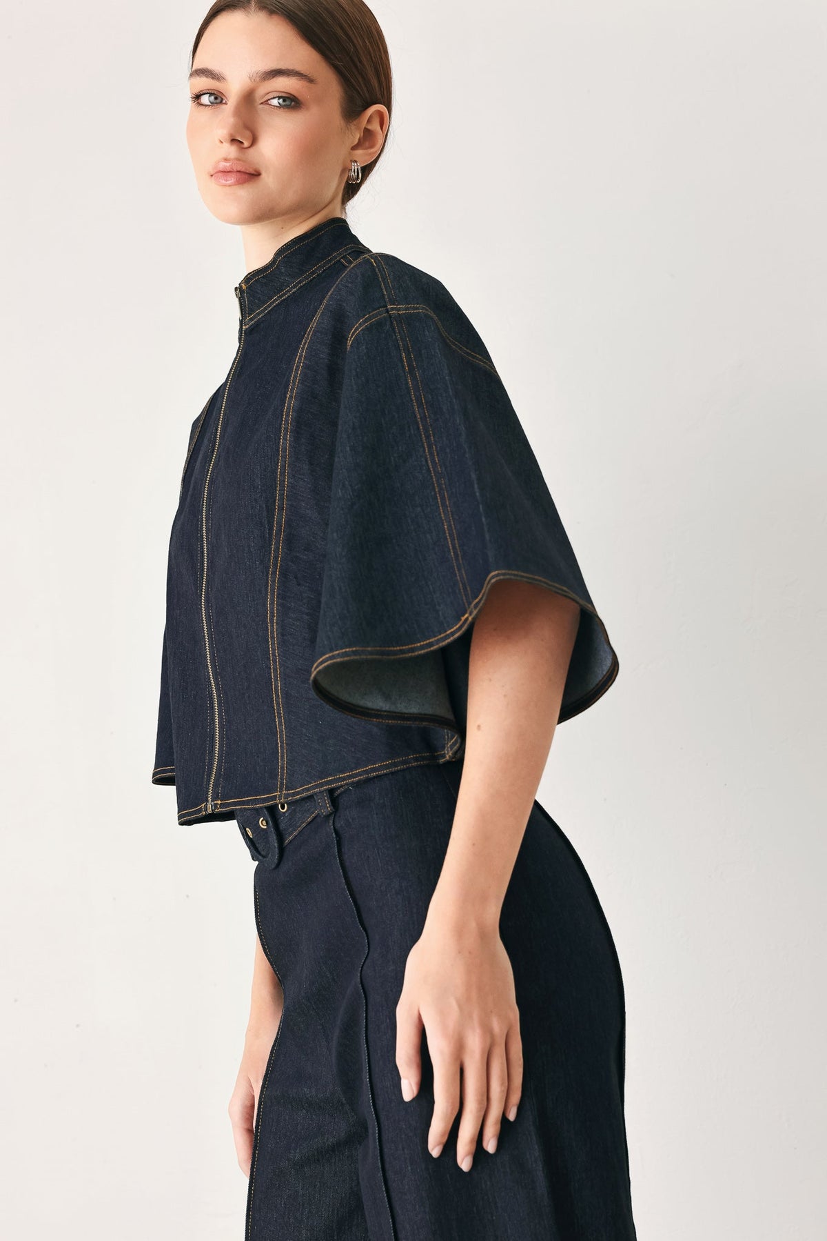 Urban Stitch Wide Sleeve Denim Capelet Top