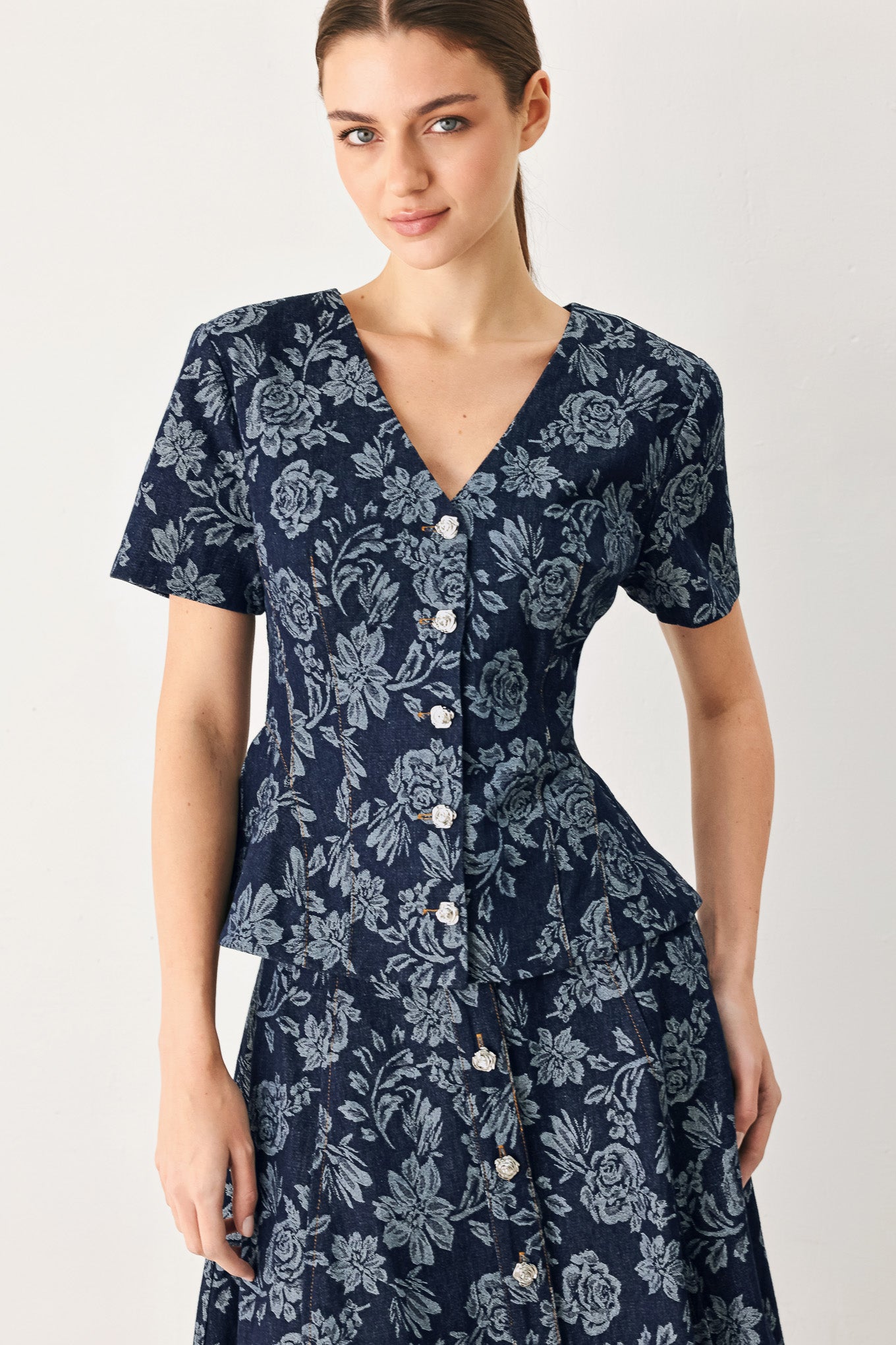 Rosette Floral Woven Jacquard Top