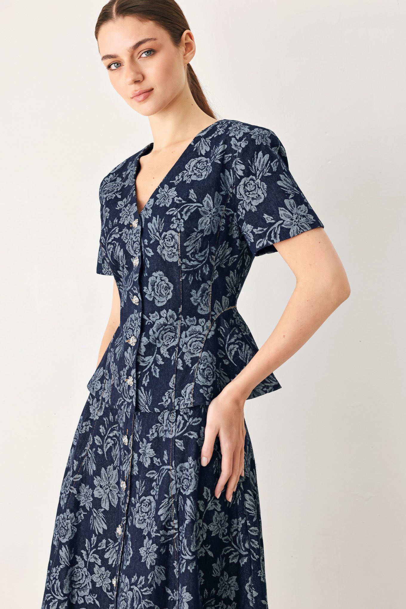 Rosette Floral Woven Jacquard Top