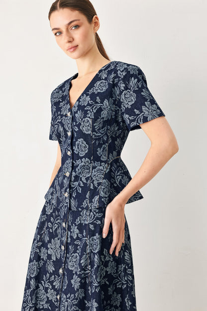 Rosette Floral Woven Jacquard Top