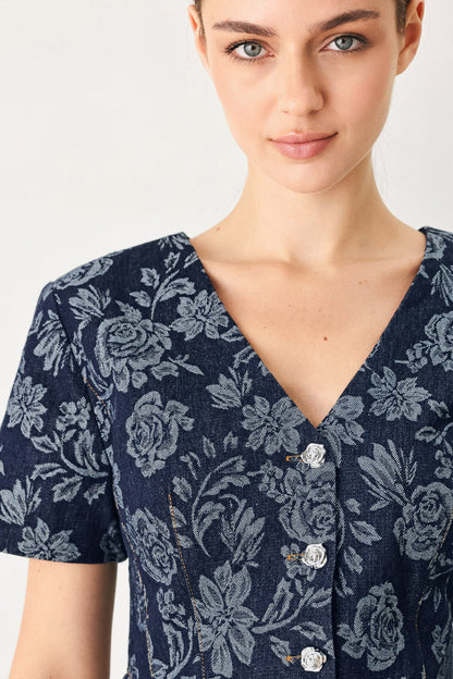 Rosette Floral Woven Jacquard Top