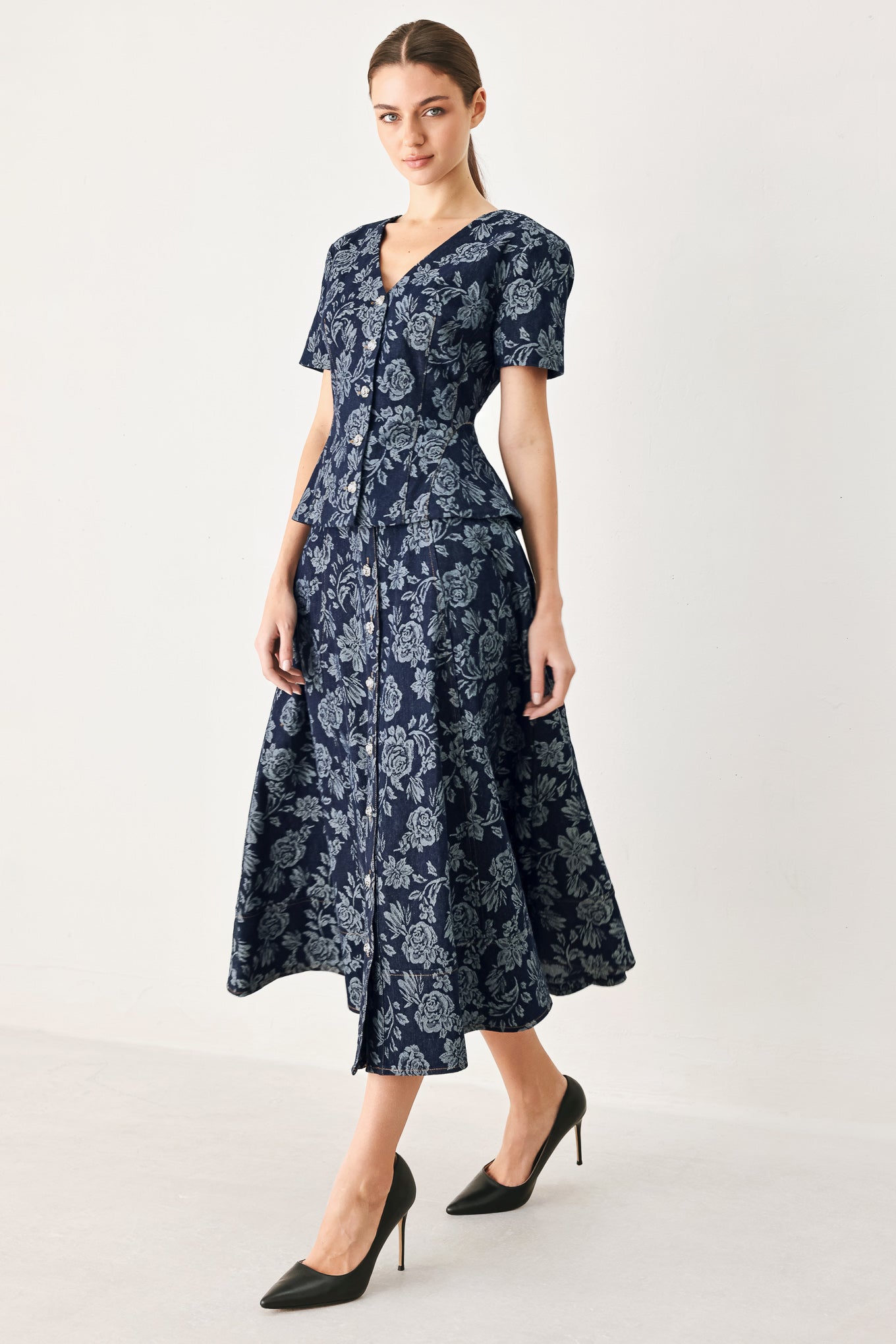 Rosette Floral Woven Jacquard Top