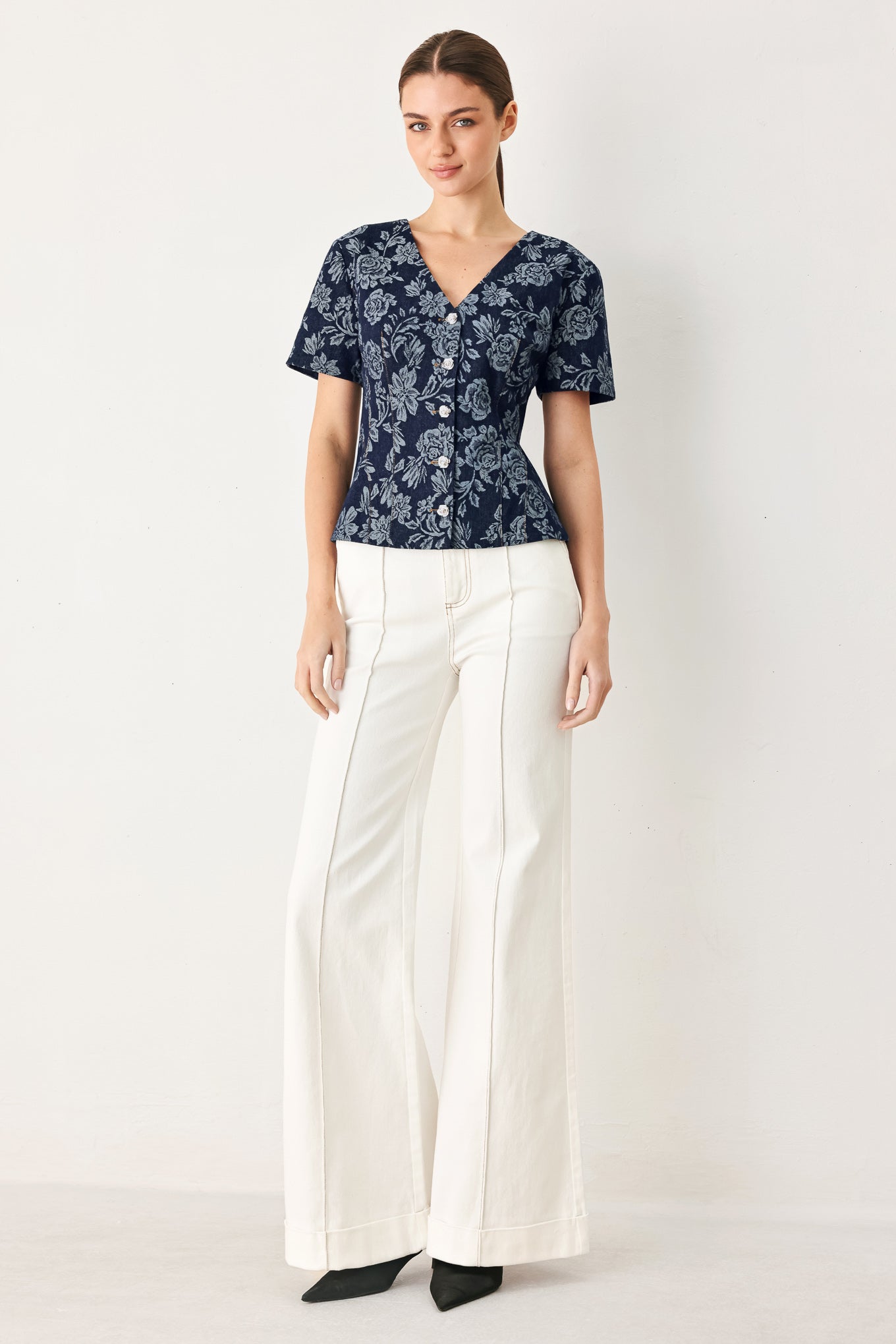 Rosette Floral Woven Jacquard Top