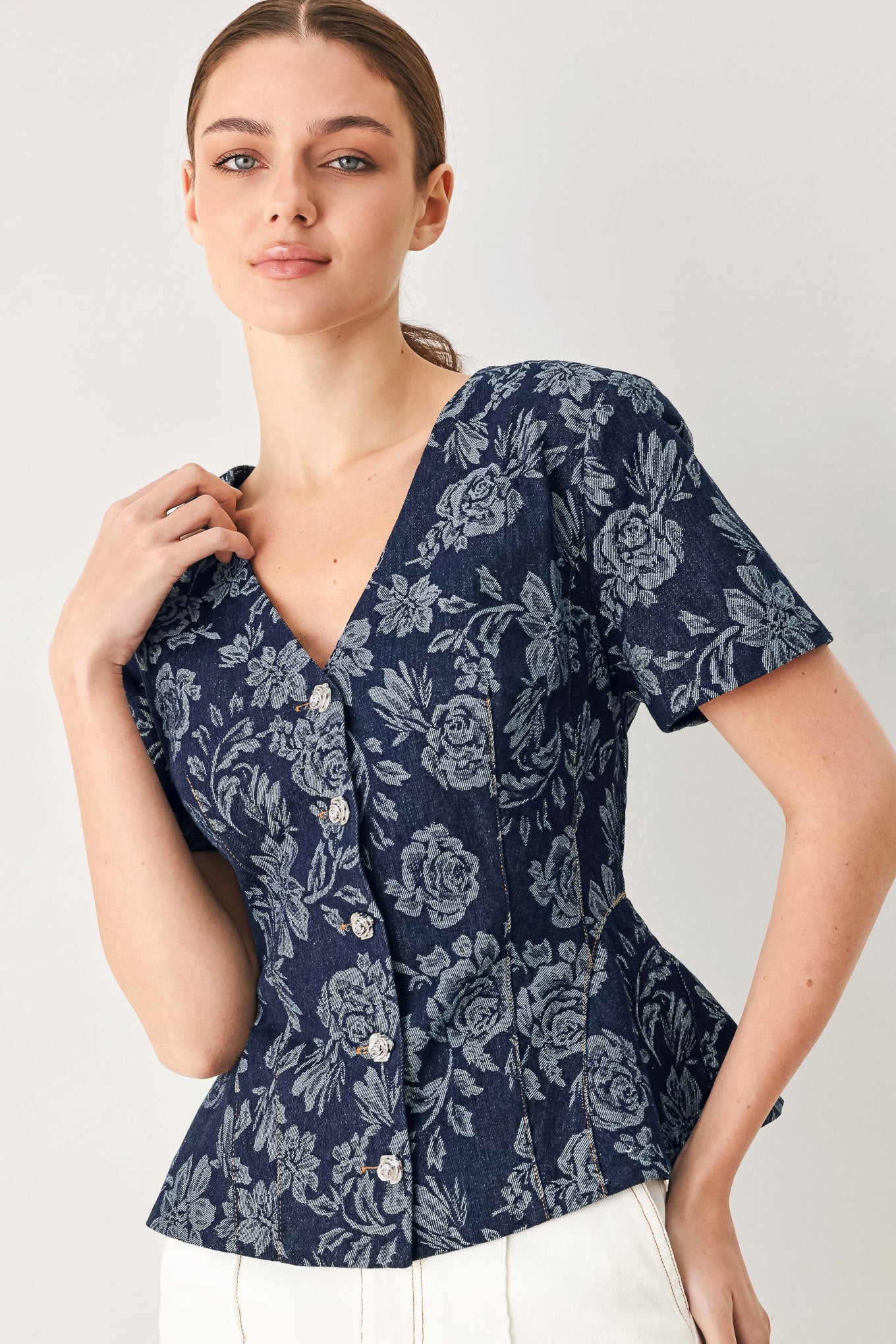 Rosette Floral Woven Jacquard Top