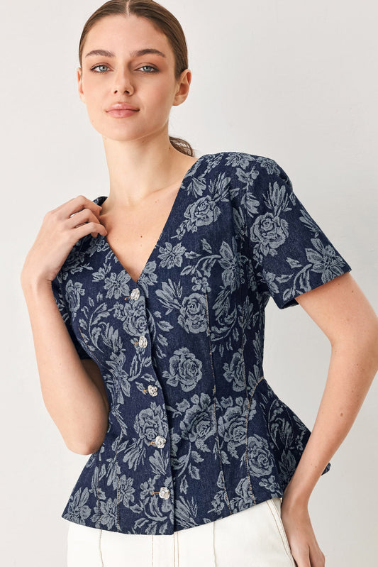 Rosette Floral Woven Jacquard Top