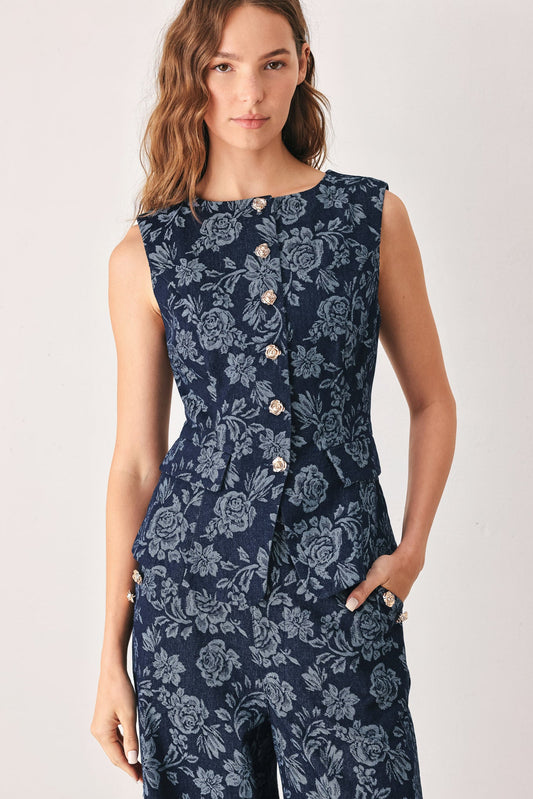 Midnight Rose Jacquard Denim Vest