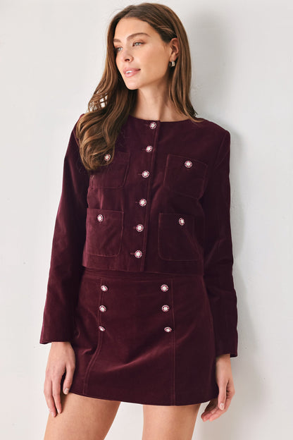 Bordeaux Velvet Burgundy Jewel-button Cropped Jacket