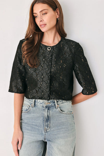 Noir Lace Affair Black/nude Jewel-button Cropped Jacket