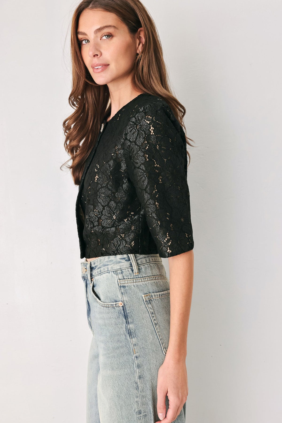 Noir Lace Affair Black/nude Jewel-button Cropped Jacket