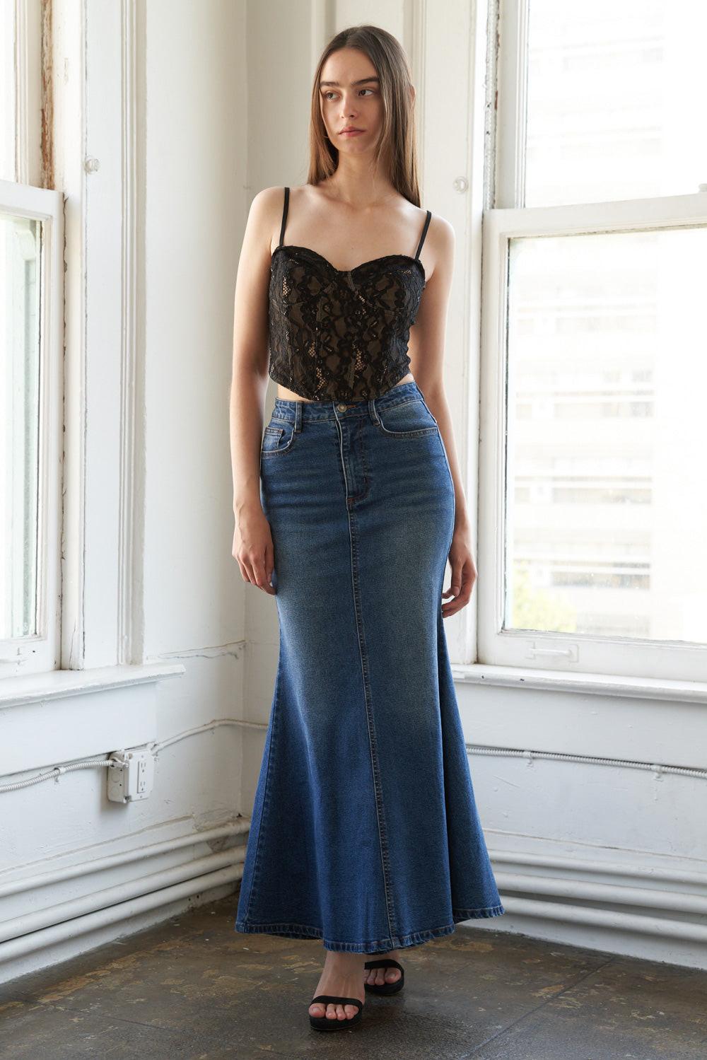 Whispering Winds Denim Midi Skirt