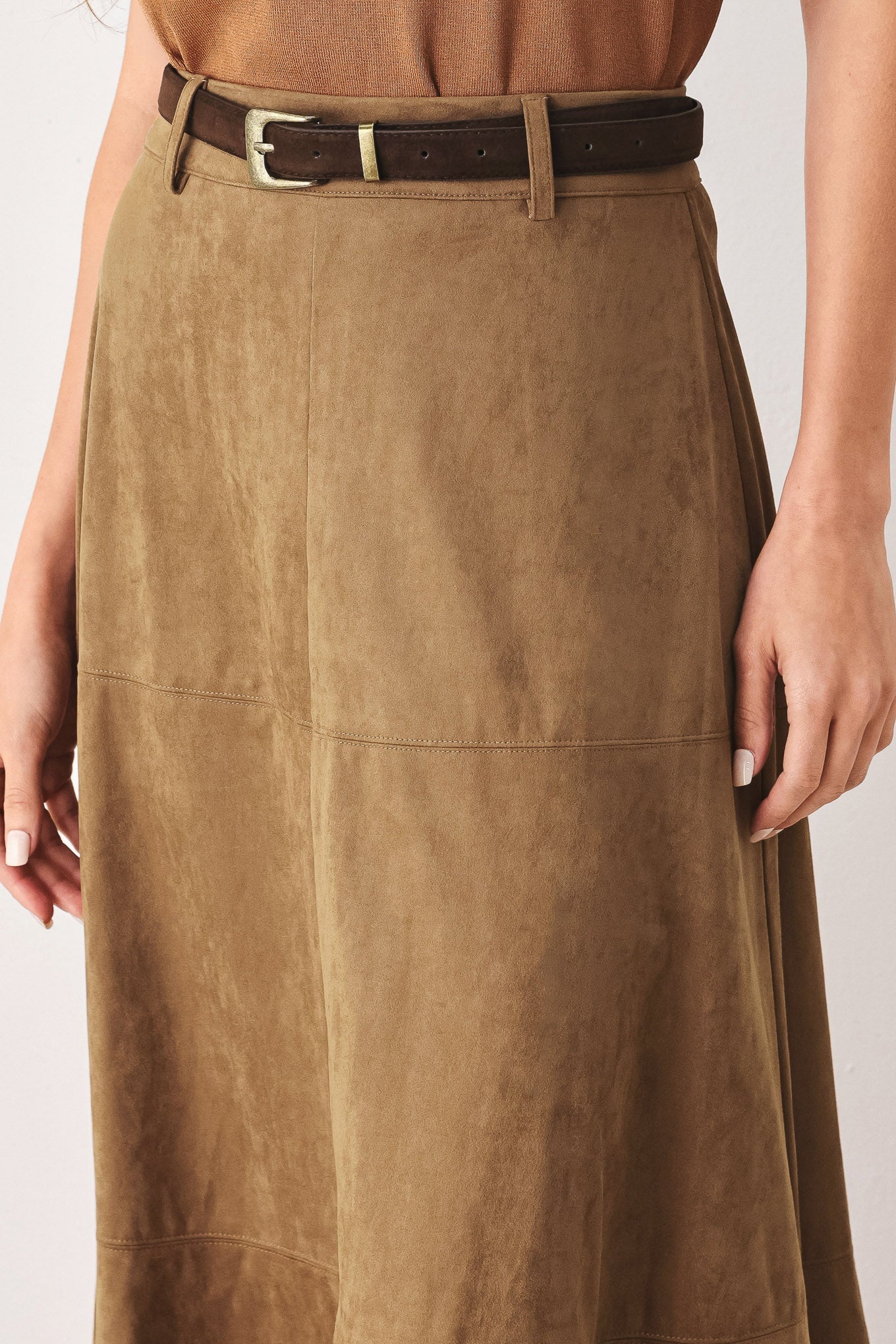 Sandstone Silhouette Faux Suede Midi Skirt