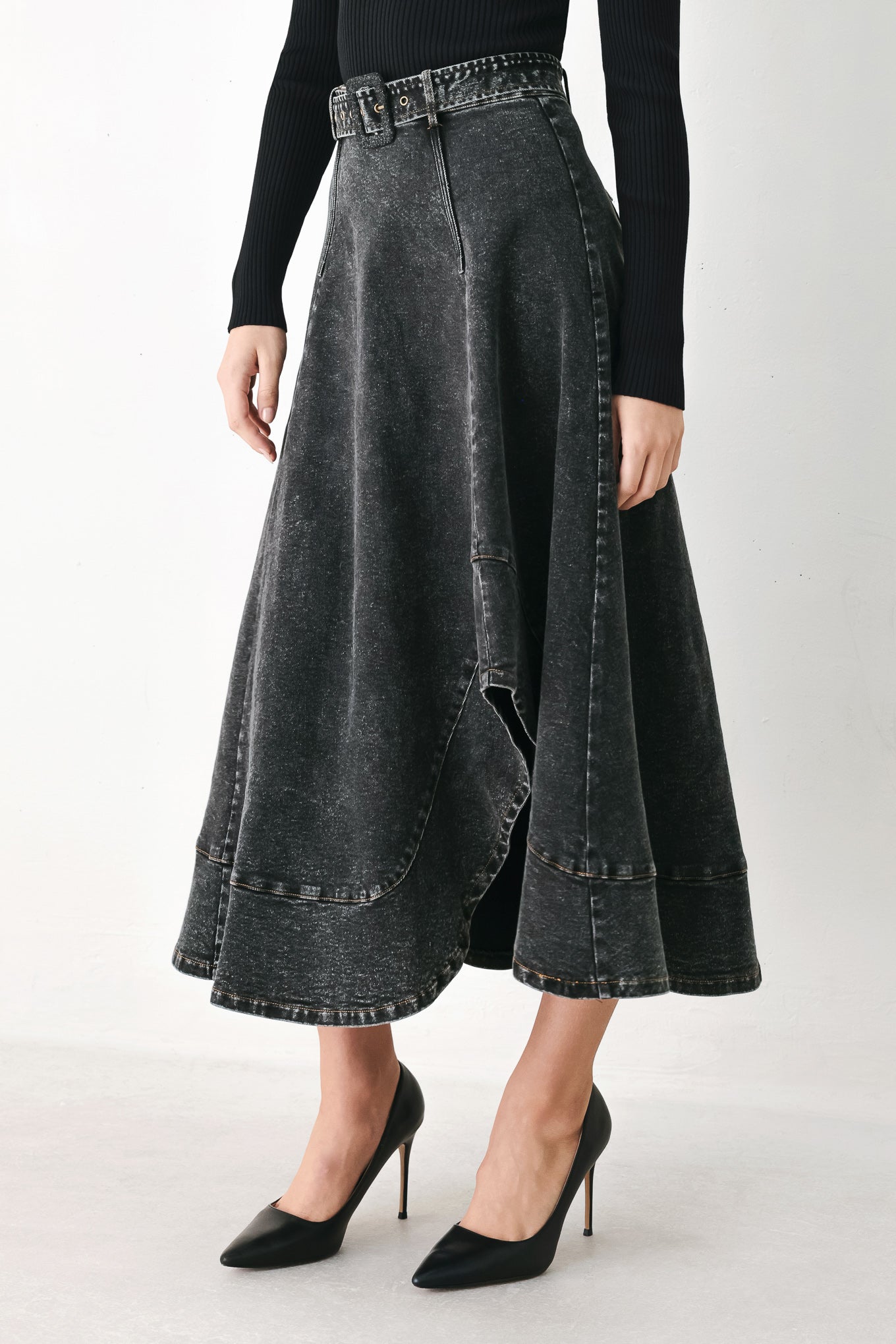 Shadow Stitch Romance Denim Midi Skirt