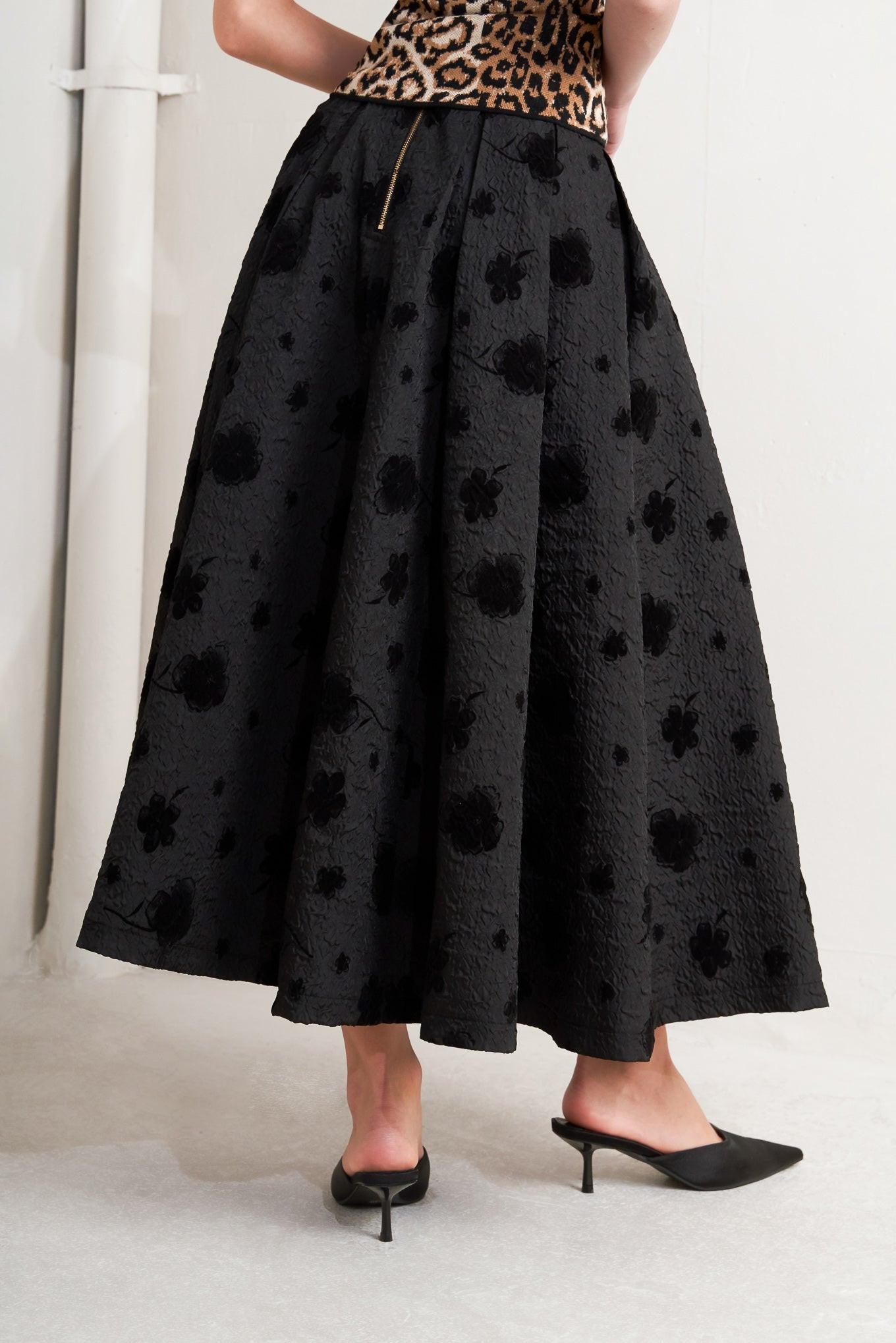 Noir Blooming Romance Woven Full Midi Skirt